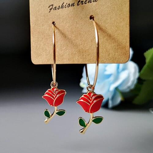 New Fashion Big Circle Green Leaf Red Rose Earrings Korean Version 14K Gold Plated Red Earrings For Female Christmas Gift