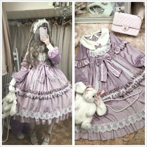 Loli Lavender Milkshake Dolls Kawaii Doll Collar Princess Dress Autumn Winter Gorgeous Lace Ruffles Velvet Lolita Party OP Dress