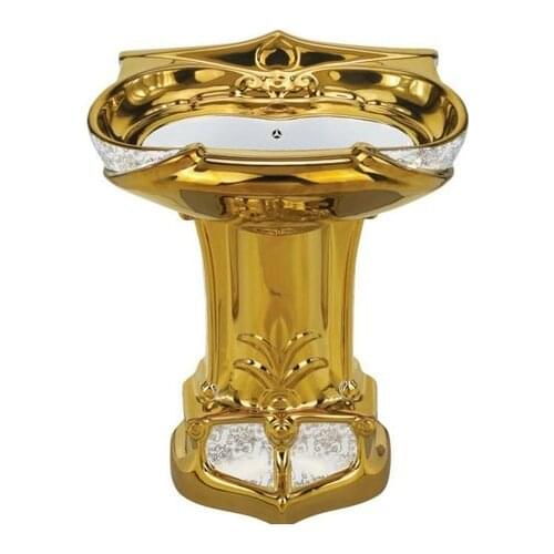 Adopts Colorized Lithography Flower Gold Basin Bathroom Gold Plated Ceramic Luxury Pillar Pedestal Lavabo Europe Sanitary Ware