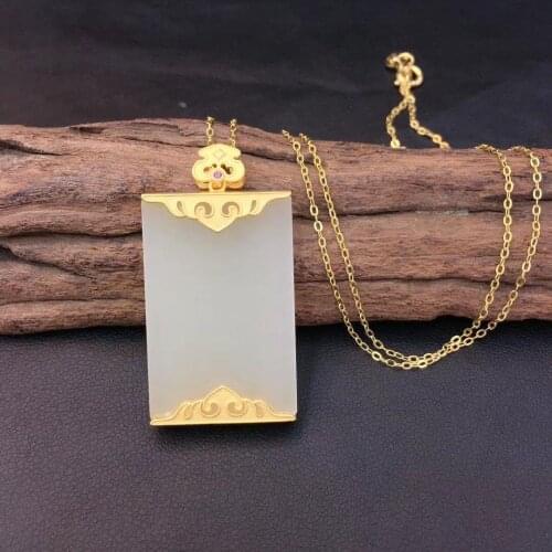 S925 Sterling Silver Hetian Jade White Jade Tranquility and Peace Plate Pendant Jasper Mens and Womens Necklace Jasper Pendant