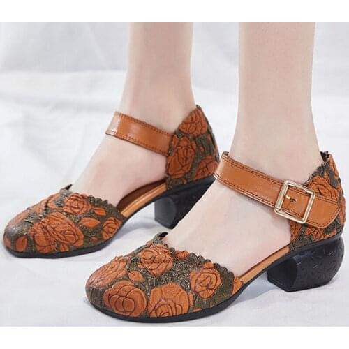 Women Sandals Genuine Leather Ladies Shoes Buckle Strap Print Retro Sewing Casual Handmade Platform Sandals Sandalias Mujer 2021