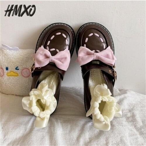 HMXO Student Leather Shoes Women Lolita Sen Retro Round Toe Flat Shoes Bottom Mary Jane Lolita Jk Harajuku British Girl Shoes