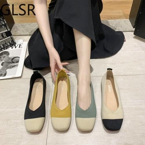 2020 NEW Women Slip On Flat Loafers Patchwork Square Toe Shallow Ballet Flats Shoes knitting Casual Flat Shoes Ballerina Flats