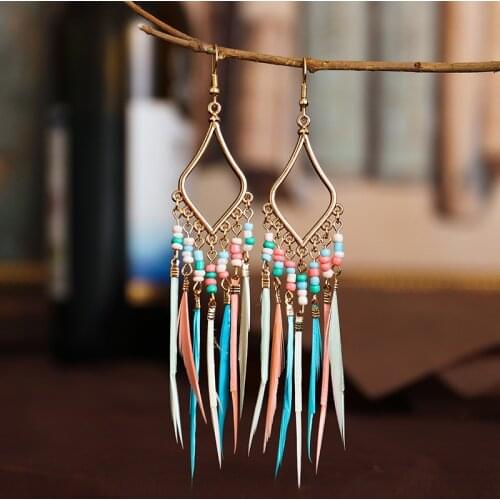 Hippie Womens Geometric Alloy Long Tassel Dangle Earrings Bohemian Boho Jewelry Colorful Feather Earrings Brincos Bijoux