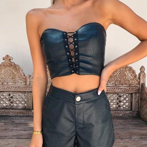 2021 Sexy Faux Leather PU Lace Up Boob Tube Top Women Bandeau Strapless Push up Crop Tops Bodycon Black Summer Streetwear