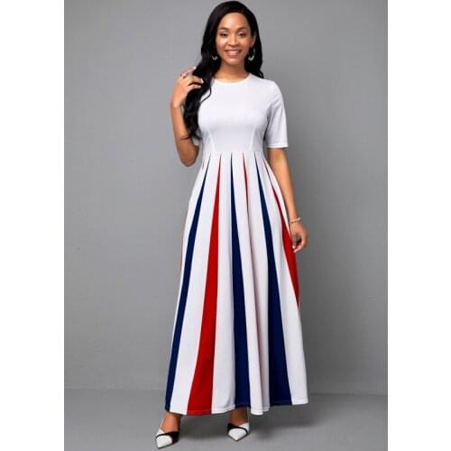 Women 2021 Summer Fashion Elegant High Waist Patchwork Maxi Dress Vintage O-neck Half Sleeve A-line Long Party Dress Vestidos