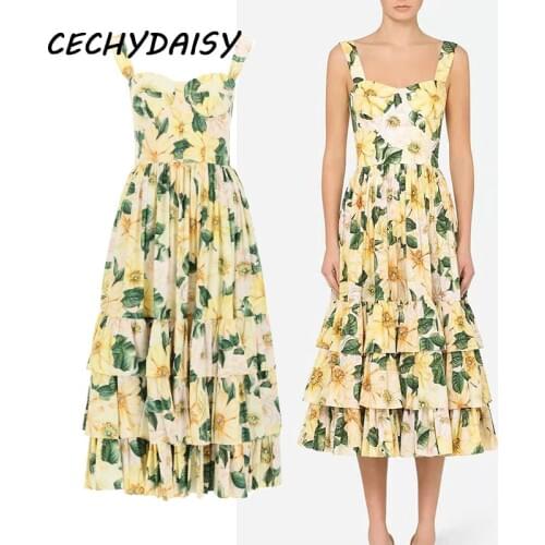 Women Midi Dress Runway 2021Sexy Sleeveless Backless Yellow Flower Printed Vintage Floral Boho Beach Elegant Y2k Dresses Vacatio