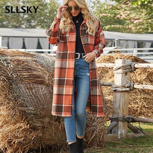SLLSKY Womens Fashion Long Plaid Coat Autumn Woolen Trench Streetwear Single Breasted Loose Outwear Coat Female Casual Jacket