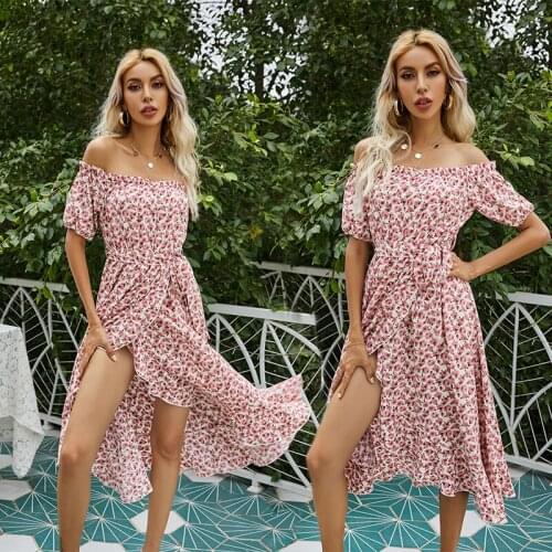 Split dress summer new French square neck floral womens design dress Mid-calf