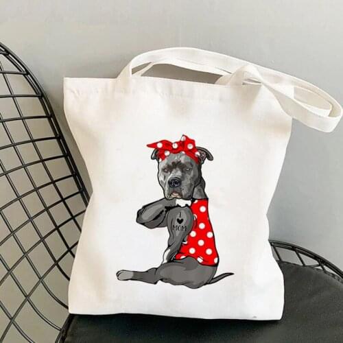 2021 Shopper Red Dots Bandanas Pit Bull I LOVE MOM Printed Tote Bag women shopper girl Shoulder shopping Lady Canvas Bag