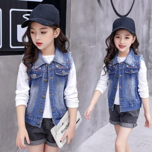 Embroidered Flower Ripped Girl Denim Vest Kids Cowboy Vest Waistcoat Sleeveless Jean Jackets Girls Outerwear RT438