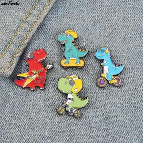 Cartoon Dinosaur Enamel Pin Cool Wind Guitar Skateboard Badges Brooches For Women Bag Backpack Accessories Gifts For Friends