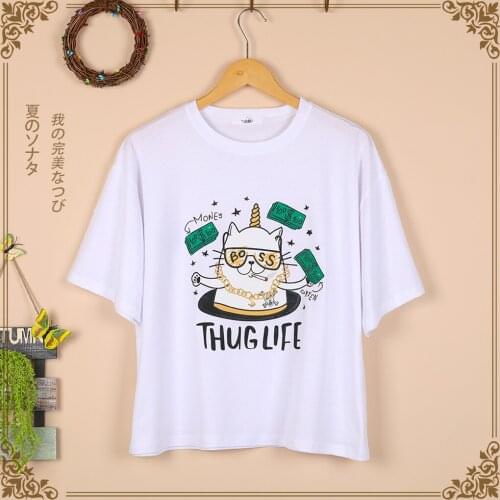 Cats Print Short Sleeve Tees T Shirt Women Clothing White Oversized Summer Tshirt Female Tops Loose Cotton Tee Shirt Korean TOP