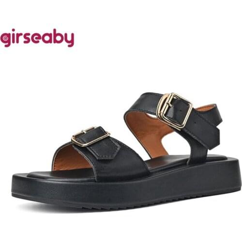 Girseaby 2021 Causal Soft Genuine Leather Flat Sandals Buckle Strap Open Toe Platforms Thick Sole US9 Black Yellow Beige A4357