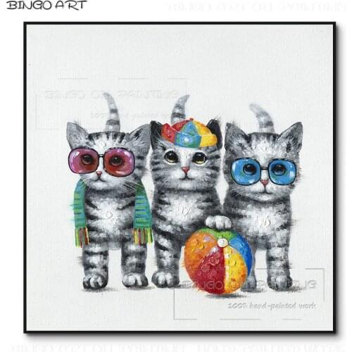 Artist Hand-painted High Quality Fashion Design Summer Kittens Oil Painting on Canvas Lovely Animal Kittens 3 Cats Oil Painting