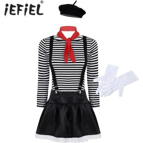 IEFiEL Women Adults Mime Costume French Artist Clown Circus Fancy Party Striped Top Black Skirt with Beret Red Scarf Suspender