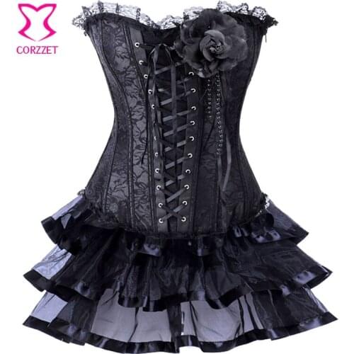 Burlesque Women Clubwear Sexy Corset Dress Black Lace & Satin Strapless Overbust Gothic Corsets and Bustiers With Tutu Skirt