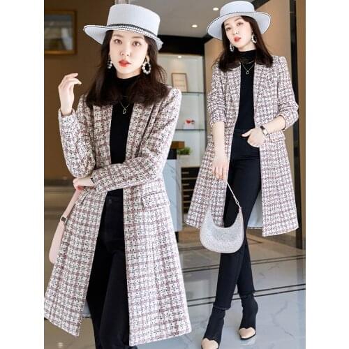 Lattice small suit coat womens middle and long 2021 new spring and autumn high-grade fried Street suit coat is