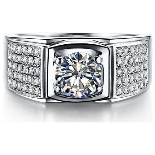 Vintage VVS1 1Ct Round Cut Diamond Male Mens Solid 18K White Gold Ring Excellent White Gold AU750 Males Wedding Jewelry