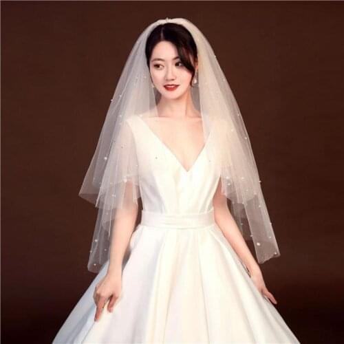 Short Bride Pearl Veil 2 Layers Church Wedding Bridal Blusher Veils With Pearls Comb Voile Mariee For Women Wedding Accessories