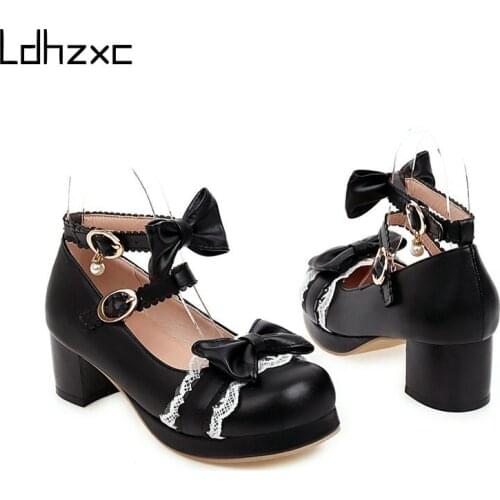 LDHZXC Spring Autumn Chunky Heel Vintage Lolita Shoes Women Platform Shoes Mary Jane Buckle Strap School Shoes for Girls Black