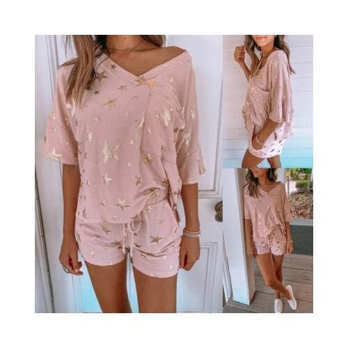 Summer Lounge Set Fashion Drawstring Women 2 Piece Set Five-pointed Star Print Short-sleeved Casual Home Wear Suit Pajamas Women