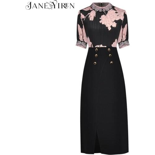 Janeyiren Fashion Designer dress Summer Womens Dress Embroidery Stand collar Short sleeve Print Slim Dresses