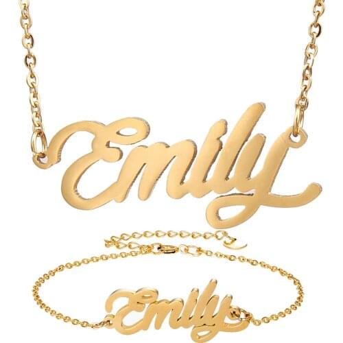 Fashion Stainless Steel Name Necklace + Bracelet Set " Emily " Script Letter Gold Choker Chain Necklace Pendant Nameplate Gift