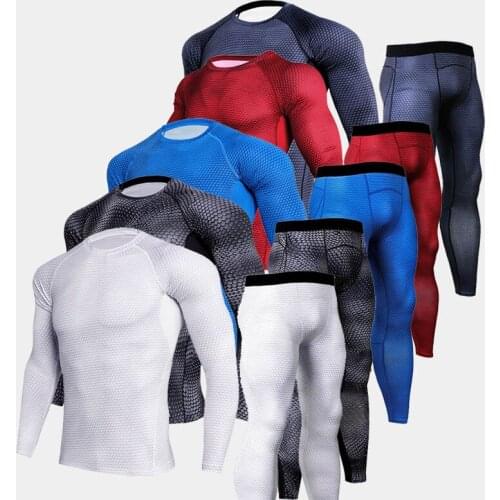 Mens 3D Compression Run jogging Suits Clothes Sports Set Long T shirt And Pants Gym Fitness workout Tights Mens Sportswear
