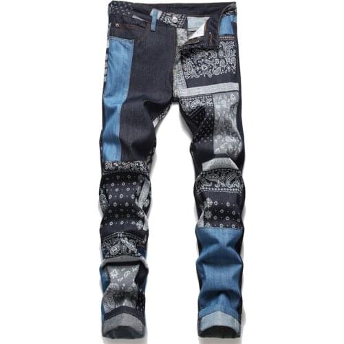 Mens New Straight Tube Slim Patchwork Color Cashew Flower Style Pants Casual Fashion Street Trend All-Match Wash Waist Jeans