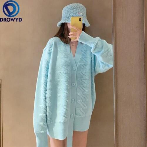 Soft Milk Blue Jacquard Sweater Coat Womens Cardigan 2021 New Style Loose and Lazy Style Knitted Jacket for Autumn and Winter