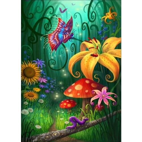 5D DIY Poured Glue Diamond Painting Kits Scalloped Edge Colorful Mushroom House Wall Art Home Decoration Unique Gift Soft Canvas