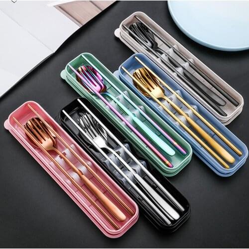 5Pcs/Set Tableware Reusable Travel Cutlery Set Camp Utensils Set with stainless steel Spoon Fork Chopsticks Straw Portable case