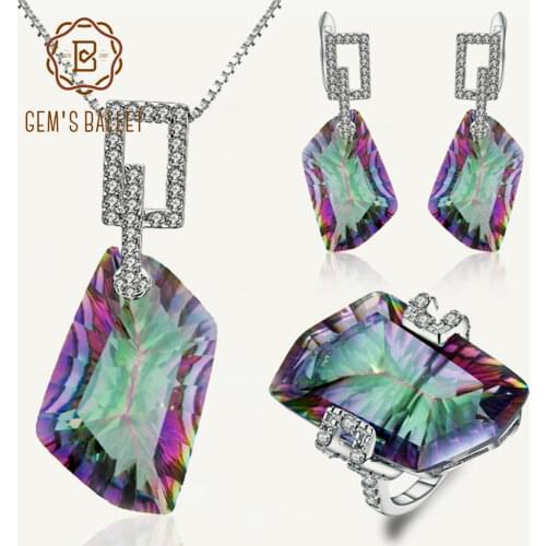GEMS BALLET Natural Irregular Rainbow Mystic Quartz Jewelry Sets 925 Sterling Silver Necklace Earrings Ring Set