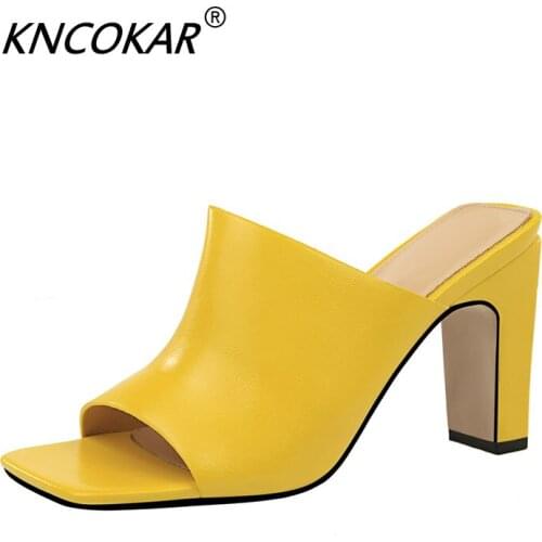 New Fashion Simple Thick Heel With High Heel Square Head Show Thin Word In The Mouth Fish Mouth Women Slippers 34-40 d098