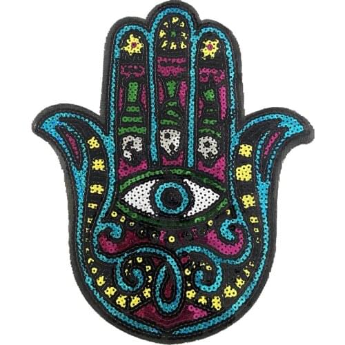 New Arrival Hamsa Hand Sequined Iron on Patches for Clothes DIY Accessories Big Hand Eye Sequins Embroidery Appliques