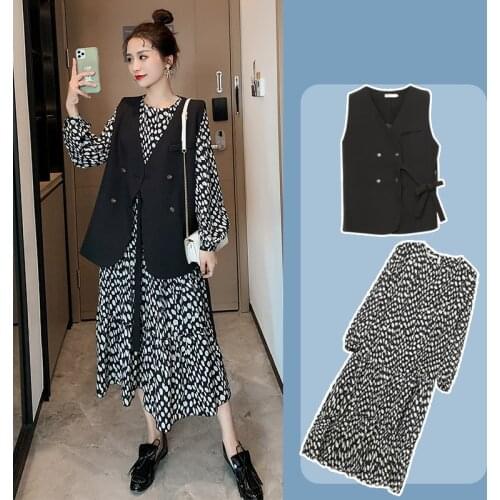 New Fashion Contrast Color Dot Maternity Dresses Autumn Chiffon Causal Loose Long Dress for Pregnant Women Spring Party Dress