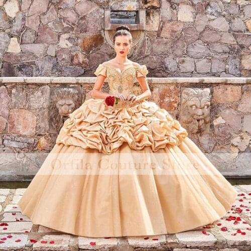 Princess Gold Girls vestidos de xv años 2021 Quinceanera Dresses Sweetheart Lace Applique Ball Gown Masquerade Prom Wea