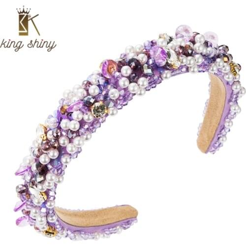 King Shiny Delicate Baroque Full Multi Color Crystal Headband Elegant Imitation Pearl Flower Hairband Female Party Tiara Crowns