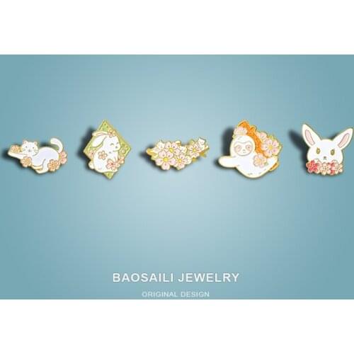 Cartoon Animal Series Brooch Cute White Rabbit Cat Playing Flower Shape Alloy Badge Enamel Label Pins