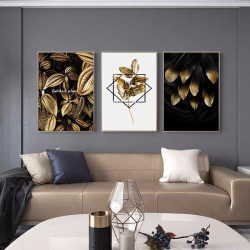 Nordic Abstract Golden Leaf Flower Canvas Painting Wall Art Plants Posters and Prints Picture for Living Room Luxury Home Decor