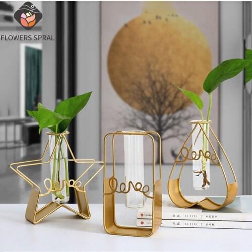 Nordic Wind Glass Tube Hydroponic Golden Vase Plant Flower Stand Bottle Decoration Modern Home Decoration Vase Christmas Gift