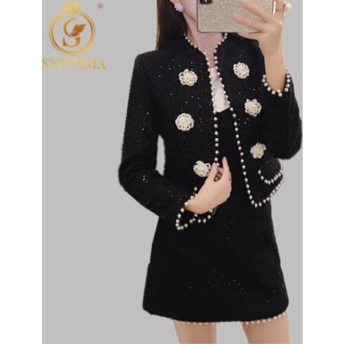 SMTHMA HNew Arrival 2021 New Autumn Winter Women Elegant Beads Shiny Jacket Coat 2 Piece Tweed Set + High Waist Skirt Suit