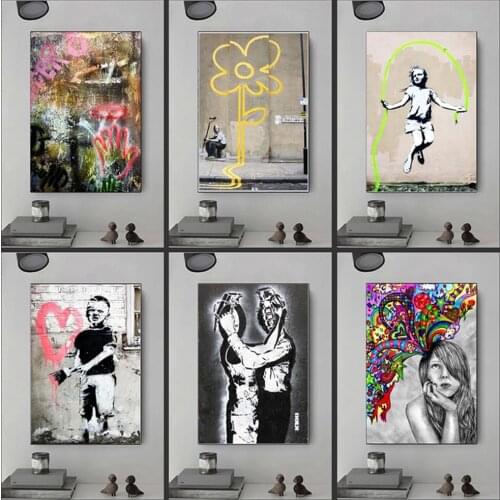 Modern Whimsical Girl Canvas Painting Abstract Banksy Art Posters and Prints Nordic Style Wall Art Pictures for Home Decoration
