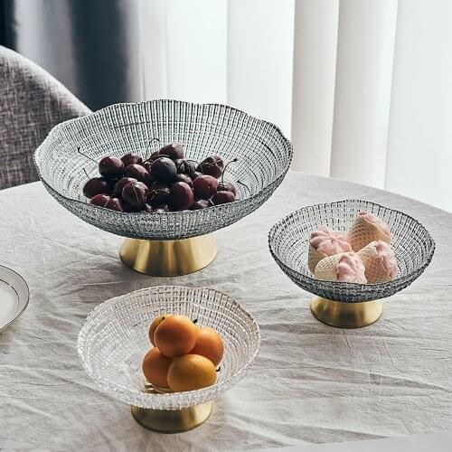 Glass Fruit Plate Metal Base Modern Home Decoration Dessert Snack Plate Gray Transparent Living Room Decor Dishes Salad Bowl