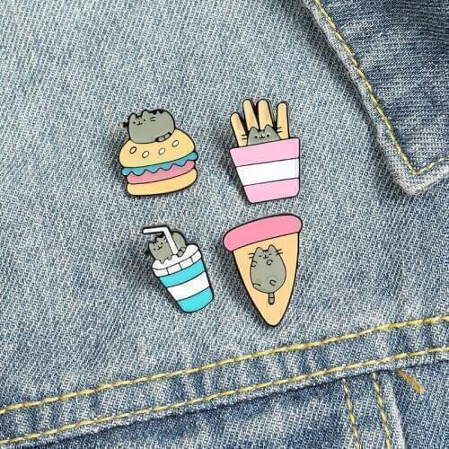 Cute cartoon grey cat french fries burger pizza cola enamel brooch creative fast food pins backpack accessories gifts for friend