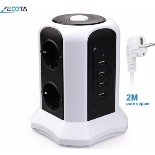 Tower Power Strip Vertical Surge Protection 6 way EU Outlets Plug Socket with USB Switch Overload Protector 2m Extension Cord