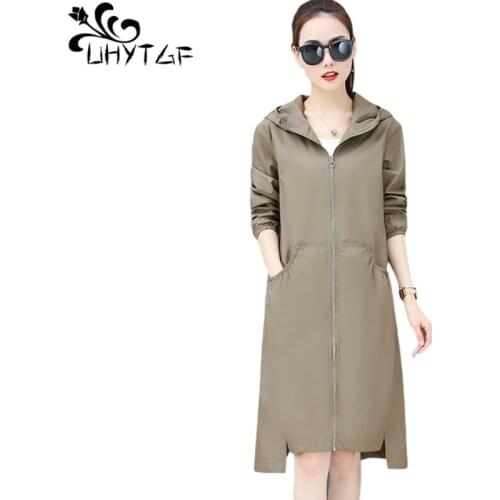 UHYTGF Spring Autumn Trench Coat Korean Female Sun Protection Clothing Long Sleeve Hooded Thin Outerwear Loose Plus Size Tops156