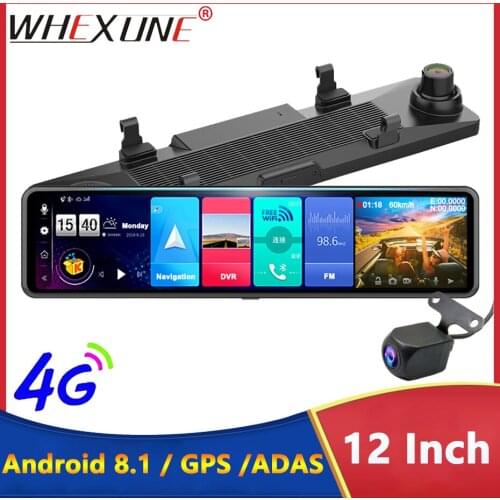 WHEXUNE Dual FHD 1080P 4G Android 12 Inch Stream Media Car Rearview Mirror Bluetooth Camera Car Dvr ADAS Night WiFi GPS Dash cam