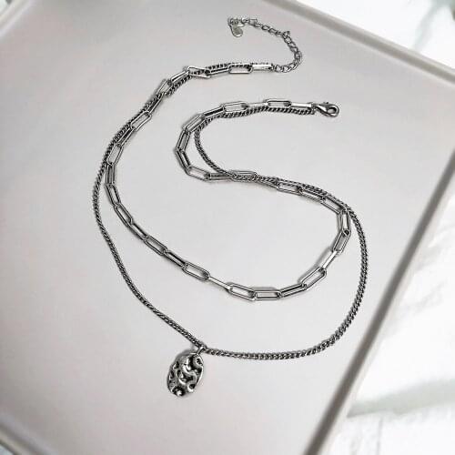 925 Sterling Silver Vintage Thai Silver Necklace Double Layer Personality Irregular Round Card Pendant Couple Jewelry